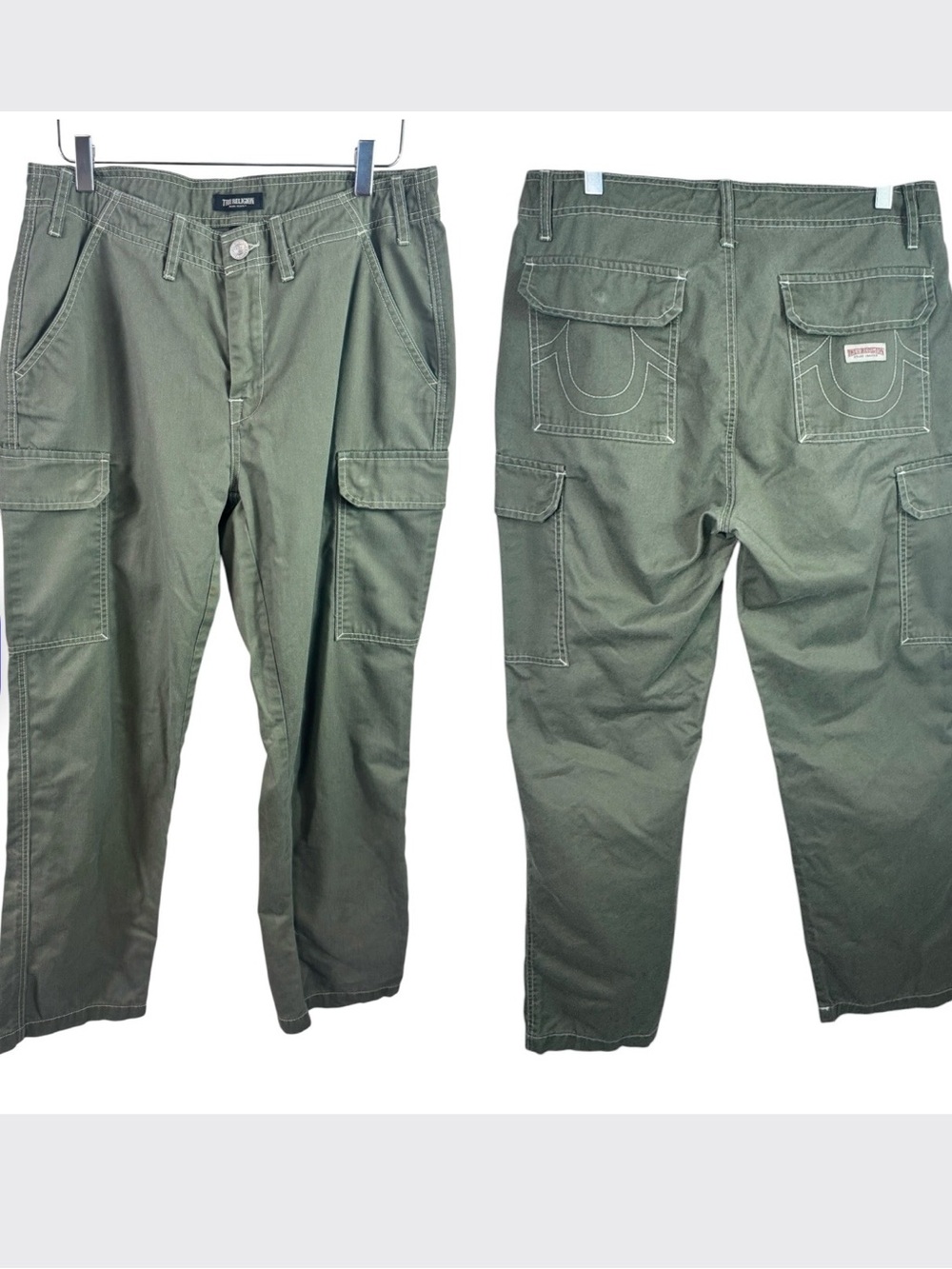 True Religion Baggy Cargo Pants Kalamata Green Contrast Stitch Size 32